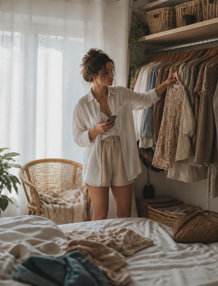 Cliente escolhendo look no próprio closet em casa