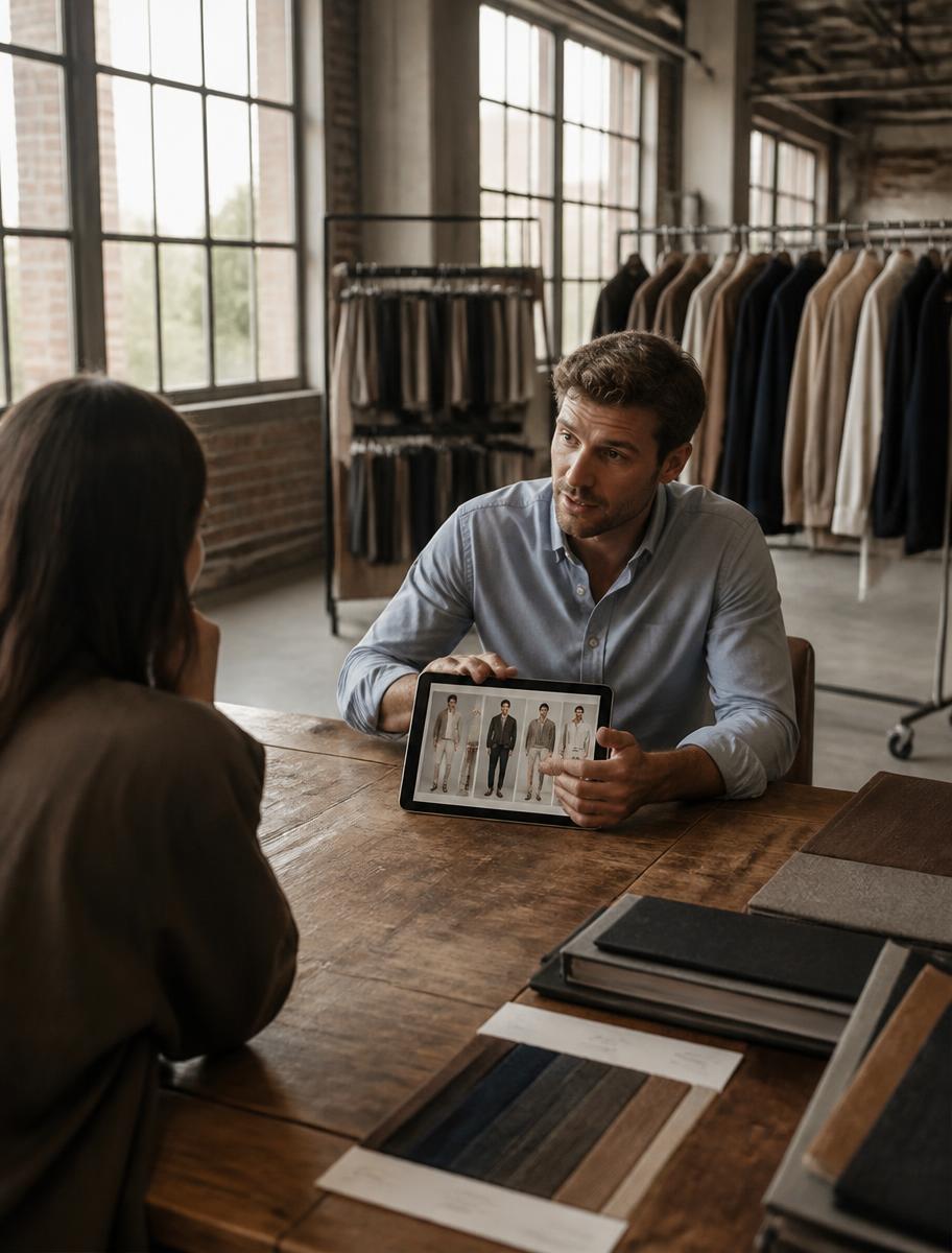 Representante apresentando coleção para lojista em showroom de fábrica